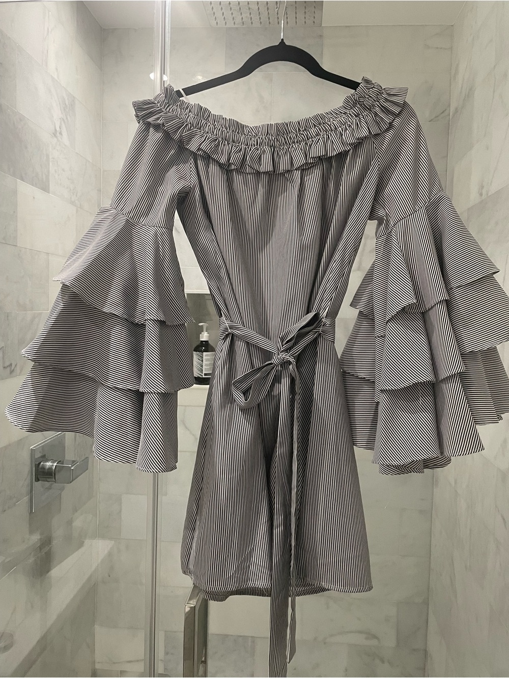 AQUA Striped Off-the-Shoulder Tiered Ruffle Bell Sleeve Dress Sz M